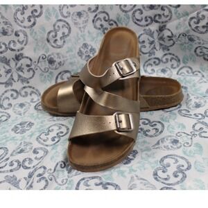 Mad Love Sandals Womens 8 Med Buckle Strappy Slide Metallic Pewter Faux Leather